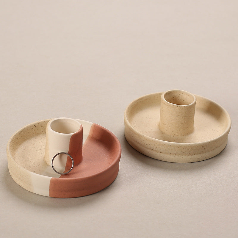 2 Pcs Light Yellow Oval Bottom Nordic Ceramic Candle Holder with Jewelry Dish - Elegant Minimalist Home Decor Piece
