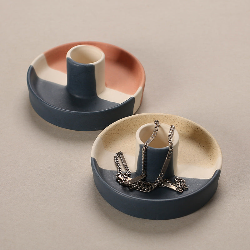 2 Pcs Dark Blue Oval Bottom Nordic Ceramic Candle Holder with Jewelry Dish - Elegant Minimalist Home Decor Piece
