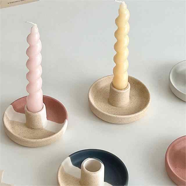 2 Pcs Blue, White And Yellow Stitching Oval Bottom Nordic Ceramic Candle Holder with Jewelry Dish - Elegant Minimalist Home Decor Piece
