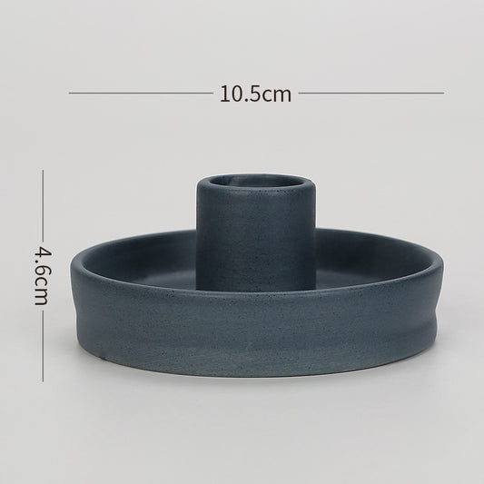 2 Pcs Dark Blue Straight Bottom Nordic Ceramic Candle Holder with Jewelry Dish - Elegant Minimalist Home Decor Piece