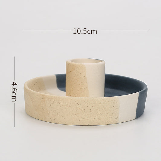 2 Pcs Blue, White And Yellow Stitching Straight Bottom Nordic Ceramic Candle Holder with Jewelry Dish - Elegant Minimalist Home Decor Piece