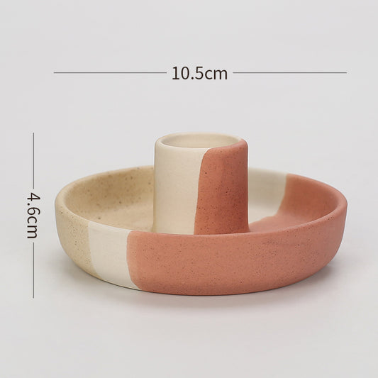 2 Pcs Yellow, White And Orange Stitching Oval Bottom Nordic Ceramic Candle Holder with Jewelry Dish - Elegant Minimalist Home Decor Piece